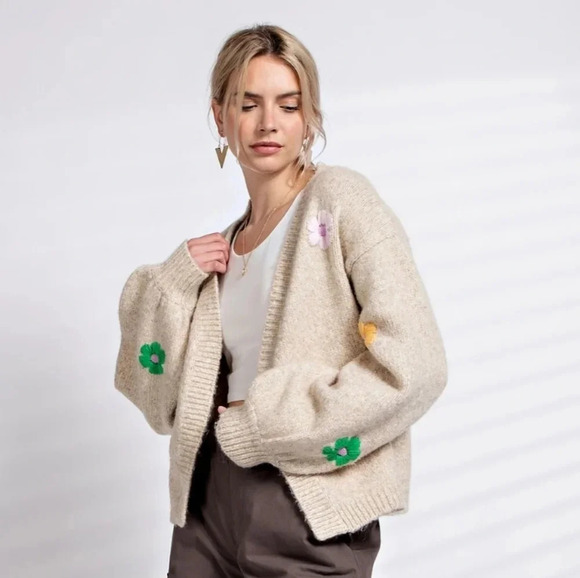 Easel Flower Floral Embroidered Knitted Khaki Cardigan New - Picture 2 of 8